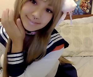 Asian college girl kitty Monster dildo Blowjob POV